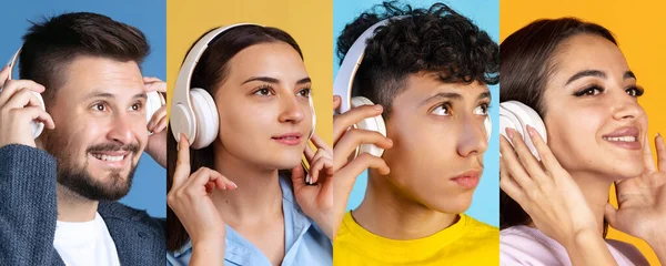 Collage. Jeunes gens joyeux, hommes et femmes écoutant de la musique dans des écouteurs isolés sur fond multicolore — Photo