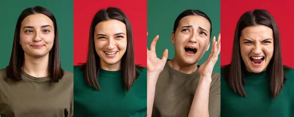 Collage. Portraits of young beautiful girl with emotions of happiness and stress isolated over multicolored background — Stock Photo, Image