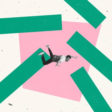 Yaratıcı tasarım. İş adamı ve çalışan etrafta uçarak sorunları ve zorlukları sembolize ediyor