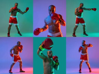 Kolaj. Profesyonel boksör eğitimi, neon ışıklı arka planda izole edilmiş dövüşler.