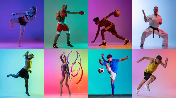 Collage. Portret van jongeren, professionele sporters opleiding geïsoleerd over veelkleurige achtergrond in neon — Stockfoto