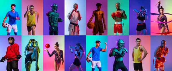 Колаж. Портрети професійних спортсменів, що позують ізольовані на різнокольоровому фоні в неоні — стокове фото