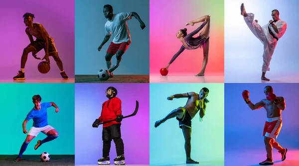 Collage. Portretten van mensen, professionele sport, training geïsoleerd over veelkleurige achtergrond in neon — Stockfoto