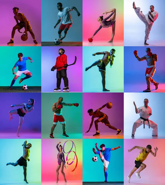 Collage. Portretten van professionele sportieve mensen opleiding, poseren geïsoleerd over veelkleurige achtergrond in neon — Stockfoto