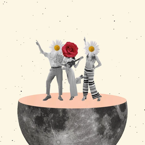 Collage de arte contemporáneo. Jóvenes en un elegante paño hippie con cabezas de flores bailando sobre medio estado lunar aislado sobre fondo blanco —  Fotos de Stock