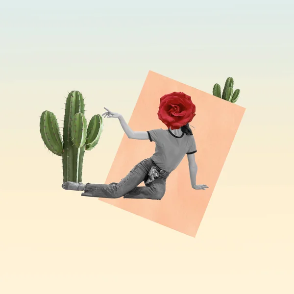 Collage de arte contemporáneo. Mujer joven con cabeza de flor de rosa sentado cactus aroud aislado sobre fondo pastel claro — Foto de Stock