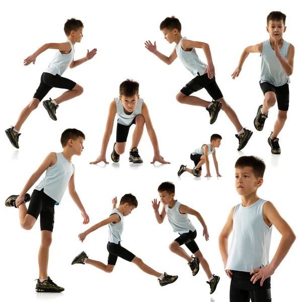 Πορτρέτο του αγοριού, το παιδί στην εκπαίδευση αθλητικών ειδών, τρέχει απομονωμένο πάνω σε λευκό φόντο. Κολάζ — Φωτογραφία Αρχείου