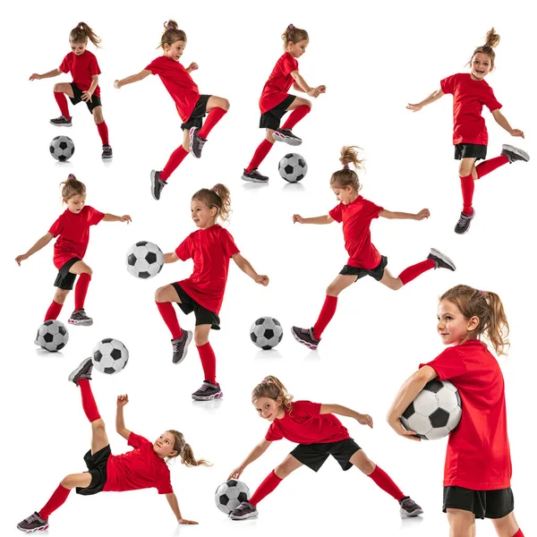 Retratos de niña, niño, entrenando, jugando al fútbol aislado sobre fondo blanco del estudio. Collage. —  Fotos de Stock