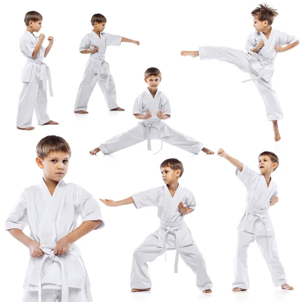 Koláž malého chlapce, dítě v bílém kimonu, trénink bojových umění, karate izolované nad bílým pozadím — Stock fotografie
