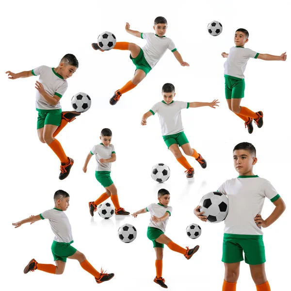 Retrato de niño, niño, jugador de fútbol en entrenamiento uniforme aislado sobre fondo blanco. Collage. —  Fotos de Stock