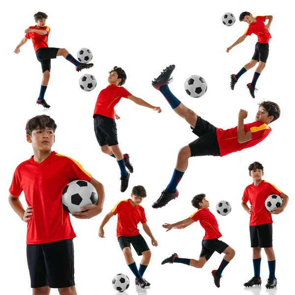 Colagem. Retratos de adolescente, jogador de futebol em treinamento uniforme vermelho, posando isolado sobre fundo branco — Fotografia de Stock