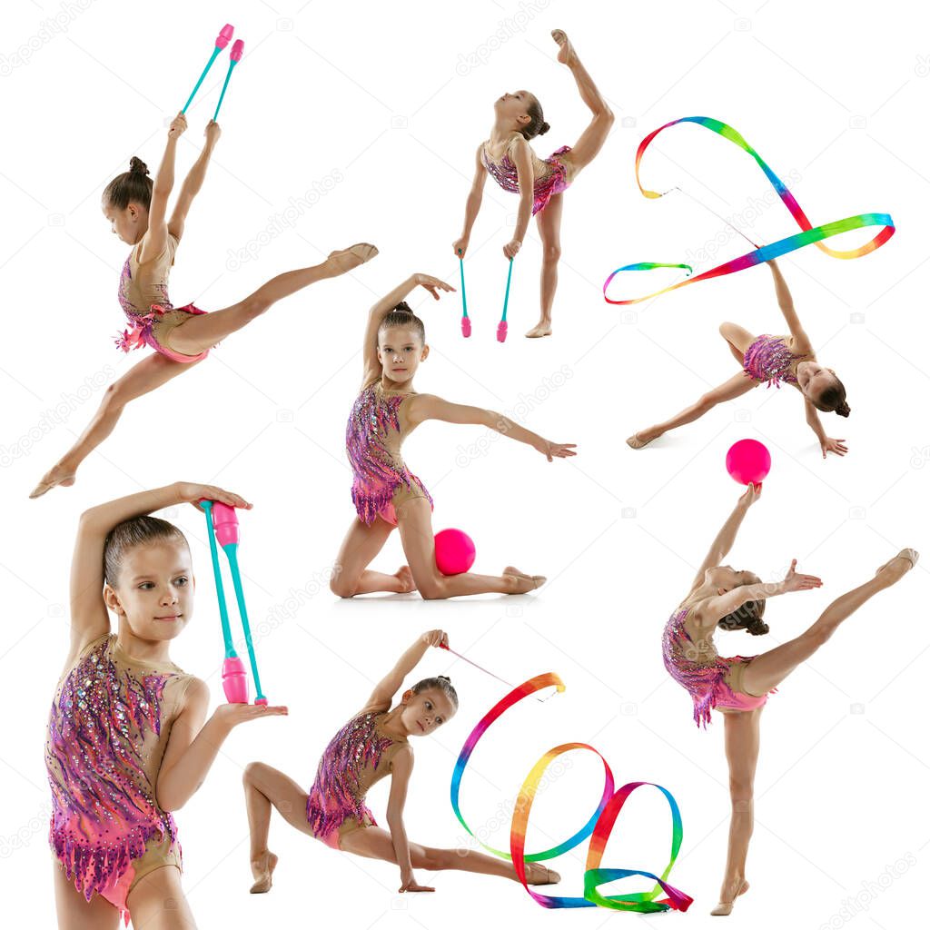Collage of little girl, rhytmic gymnast, young woman practising, training isolated over white background