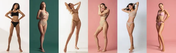 Collage. Retratos completos de mujeres jóvenes y delgadas en ropa interior de algodón posando aisladas sobre fondo multicolor —  Fotos de Stock