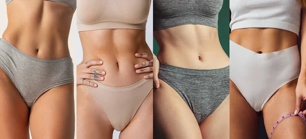 Collage. Beskurna bilder av smala kvinnliga magar i bomull underkläder, perfekt slät hud isolerad över flerfärgad bakgrund — Stockfoto