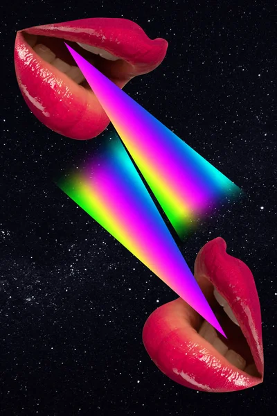 Colagem de arte contemporânea. Dois lábios femininos concurso falando com luzes do arco-íris aparecendo isolado sobre fundo preto — Fotografia de Stock