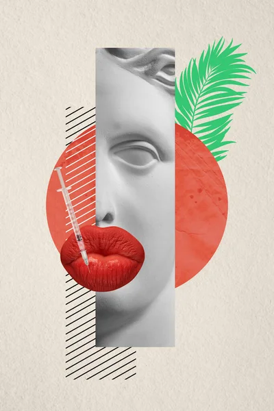 아 나크 상의 흉상이 그려진 현대 미술 콜라주. 입술의 색소, 수술 및 성학적 치료를 위한 화려 한 디자인. — 스톡 사진