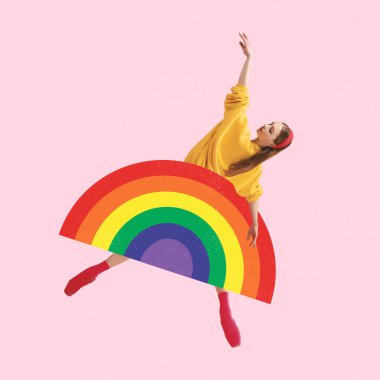 Çağdaş sanat kolajı. Güzel genç bir kız, pembe arka planda dans eden bir balerin. LGBTQIA desteği