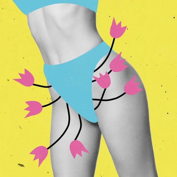 Samtidskonstcollage. Vackra kvinnliga ben med blommor som visas från bikini zon isolerad över gul bakgrund — Stockfoto