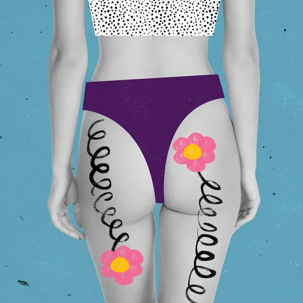 Colagem de arte contemporânea. Visão traseira do corpo feminino em roupa interior, pernas com desenho sibolizando estrias — Fotografia de Stock
