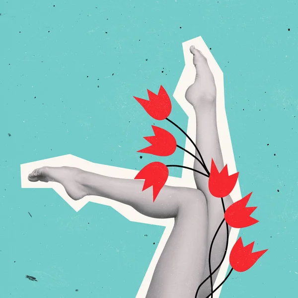 Сучасне мистецтво колаж. Красиве жіноче тіло, ніжні тонкі ноги з квітами ізольовані на м'ятному фоні . — стокове фото