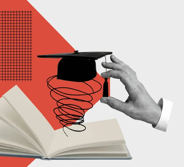 Hedendaagse kunst collage. Mannelijke hand met diploma-uitreiking cap, slagen voor universitaire examens — Stockfoto