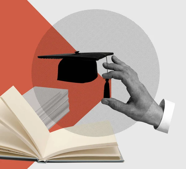 Contemporary art collage. Male hand holding graduation cap, passing university exams, doing projects — Stock Photo, Image
