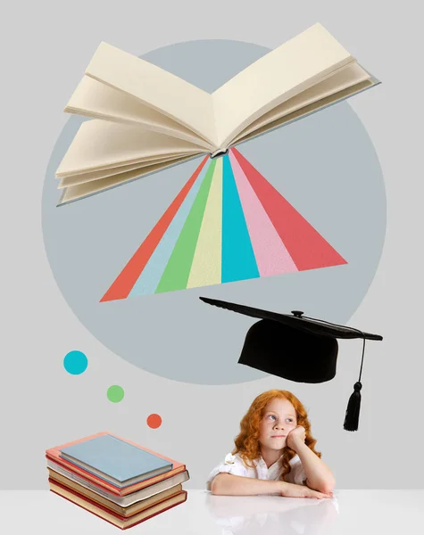 Kortárs művészeti kollázs. Kislány, unatkozó arcú gyerek, aki könyveket üldögél. Oktatási koncepció. — Stock Fotó