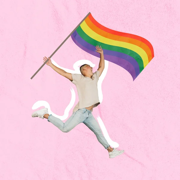 Kolase seni kontemporer. Pemuda yang berjalan dengan bendera pelangi melambangkan dukungan LGBT terisolasi atas latar belakang merah muda — Stok Foto