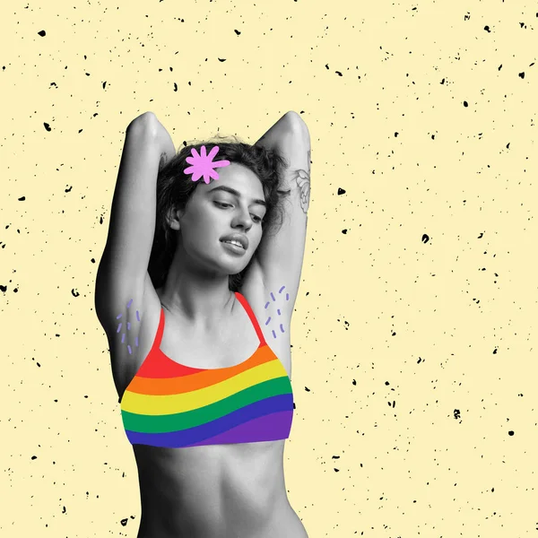 Collage zeitgenössischer Kunst. Junge zarte Frau im Badeanzug in Regenbogenfarben, der Emotionen der Entspannung ausdrückt, isoliert vor gelbem Hintergrund. LGBT-Unterstützung — Stockfoto