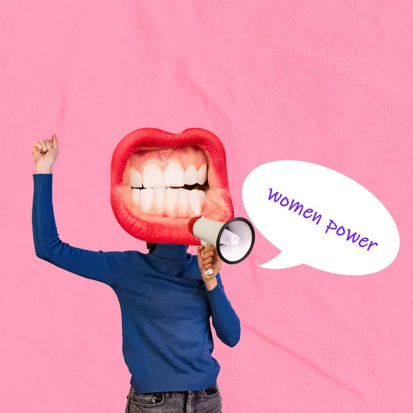 Contemporary art collage. Woman with big female mouth head shouting in megaphone about women power isolated over pink background — Stock Photo, Image