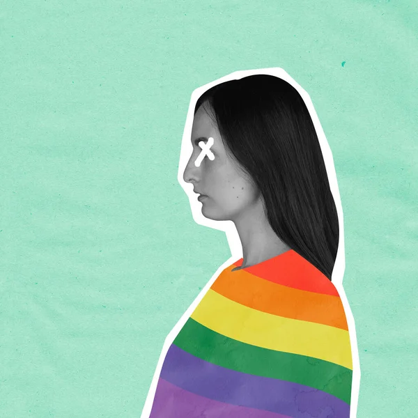 Kolase seni kontemporer. Wanita muda dengan warna pelangi mendukung masyarakat LGBTQIA — Stok Foto