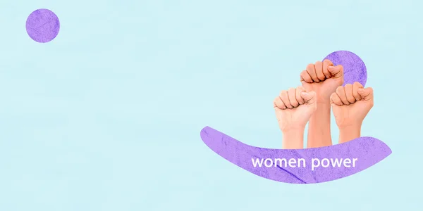 Contemporray art collage. Conceptual image. Female hands, fists rising up and symbolizing female power isolated over blue background — Stock Photo, Image