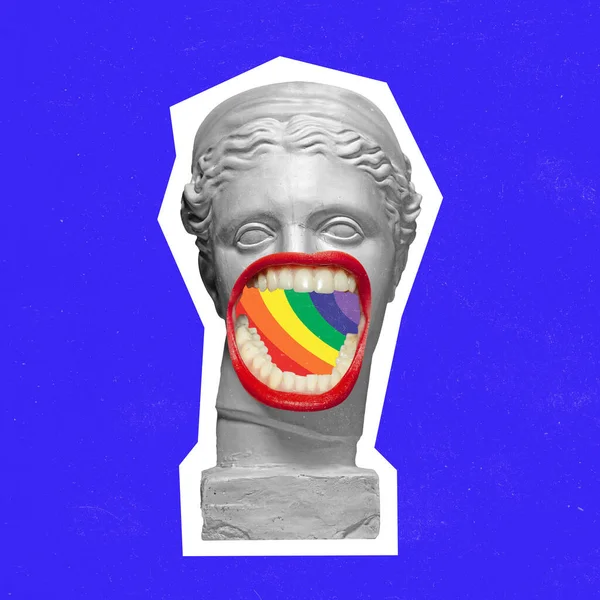 Kolase seni kontemporer. Patung antik patung bust dengan mulut manusia terbuka dan warna pelangi terisolasi atas latar belakang biru. Dukungan LGBTQIA — Stok Foto