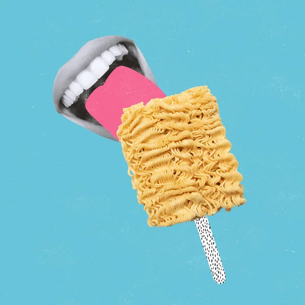 Collage de arte contemporáneo. Hembra boca comer fideos como helado aislado sobre fondo azul —  Fotos de Stock