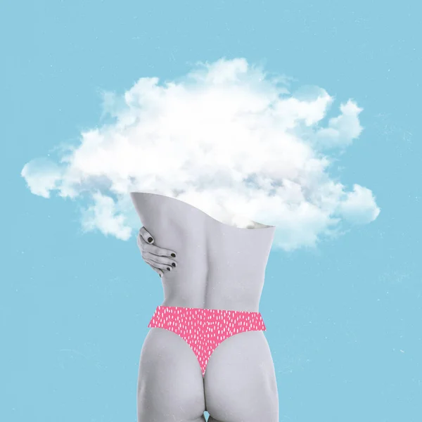 Kortárs művészeti kollázs. Gyengéd nő rózsaszín fehérnemű amelynek fejét a felhők elszigetelt felett kék háttér — Stock Fotó