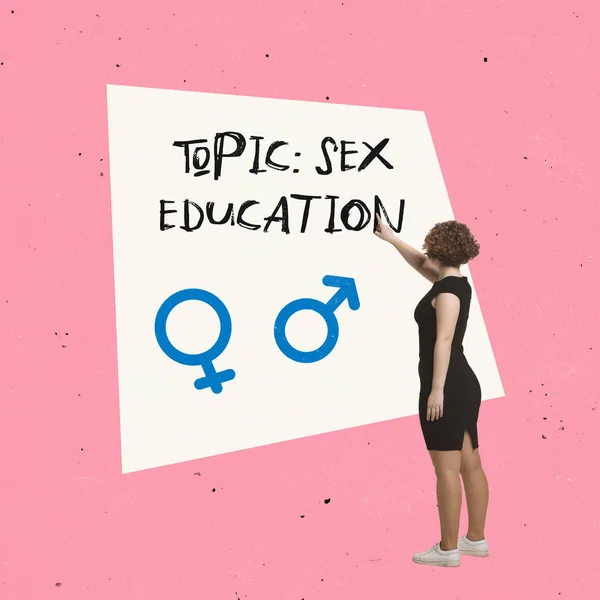 Collage de arte contemporáneo. Chica joven líder conferencia sobre la educación sexual aislado sobre fondo rosa — Foto de Stock