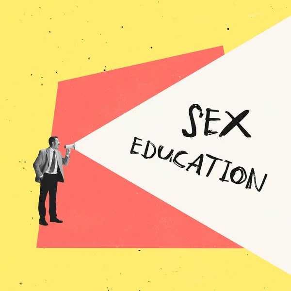 Collage de arte contemporáneo. Hombre gritando en megáfono y alegando la importancia de la educación sexual —  Fotos de Stock