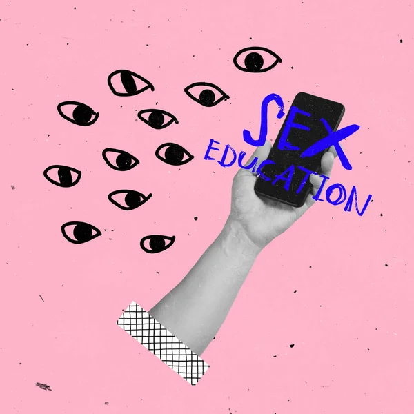 Collage de arte contemporáneo. Mano femenina sosteniendo el teléfono con muchos ojos alrededor. Hablando de educación sexual — Foto de Stock