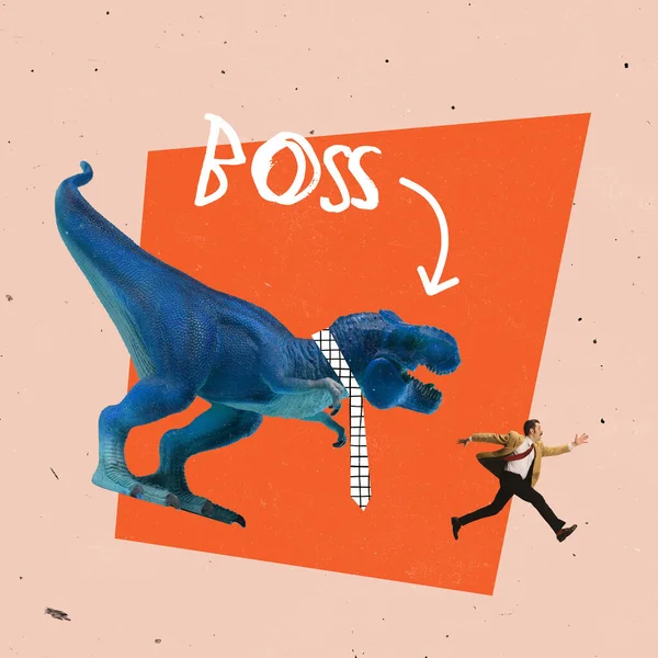 Contemporary art collage. Boss in image of giant dinosaur shouting at running employee