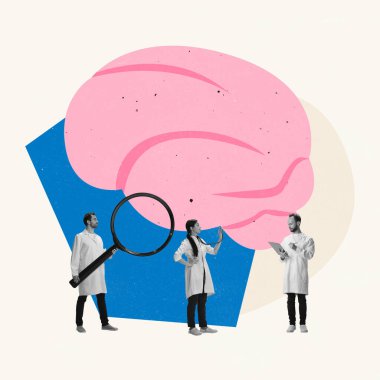 Çağdaş sanat kolajı. Tıp çalışanları, doktorlar, beyin üzerinde araştırma yapan bilim adamları, yeni tedaviler ve insan davranışları keşfediyorlar.