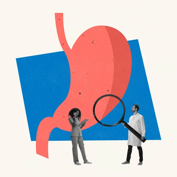 Сучасне мистецтво колаж. Лікарі, які дивляться на органи шлунка, призначають лікування — стокове фото