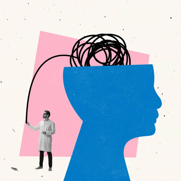 Сучасне мистецтво колаж. Чоловік, лікар, вчений стоїть біля гігантської голови людини, працює з психічними проблемами — стокове фото