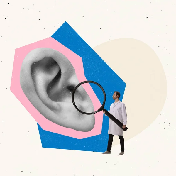 Kolase seni kontemporer. Dokter, pengetahuan memeriksa telinga manusia. Konsep layanan kesehatan. — Stok Foto