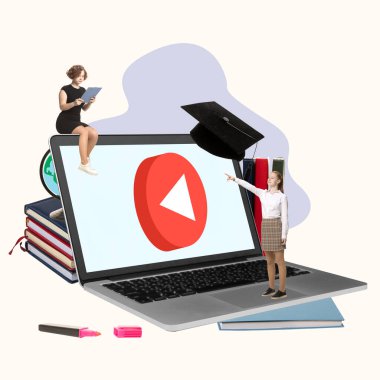 Çağdaş sanat kolajı. Gençler, liseli kızlar okuyor, internet videoları aracılığıyla haberleri izliyorlar.