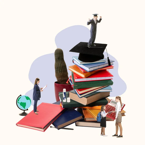 Contemporary art collage. Students and school girls surrounded by many books and school supplies, studying — Stock Fotó