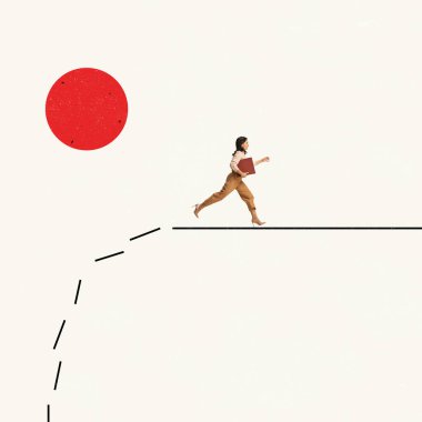 Çağdaş sanat kolajı. İş kadını, profesyonel çalışan yok etme hattında çalışıyor, başarıya ulaşmak için risk alıyor.