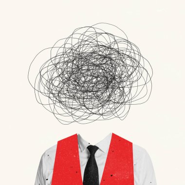 Çağdaş sanat kolajı. Kafasında kaotik çizimler olan iş adamı aktif fikirler üretiyor, düşünceli bir görünüm sergiliyor.