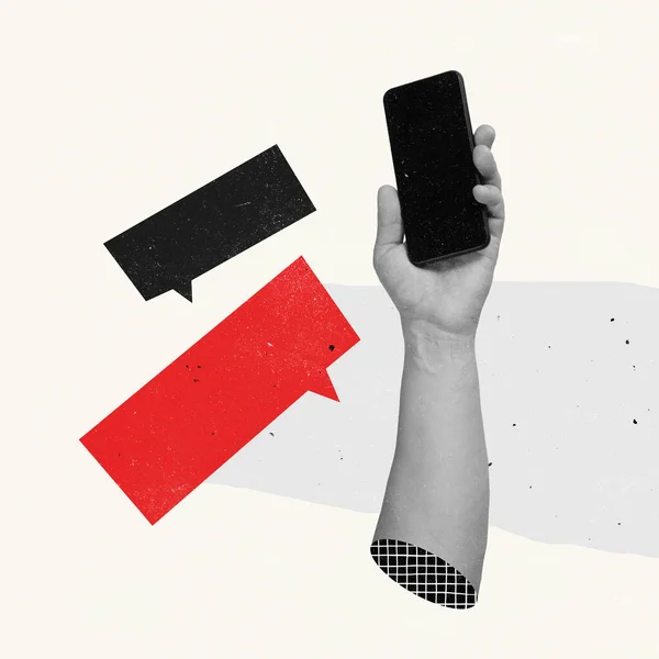 Contemporary art collage. Hand holding phone surrounded by text messages icons symbolizing online communication — ストック写真