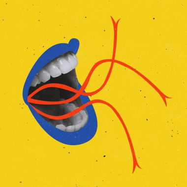 Çağdaş sanat kolajı. Mavi rujlu dev kadın ağzı. Sarı arka planda izole edilmiş neşeli ve etkin bir şekilde konuşuyor.