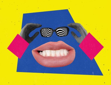 Çağdaş sanat kolajı. Komik tasarım. Gözlükten, ağızdan ve insan elinden yapılmış yüz, sarı mavi arka planda izole edilmiş.